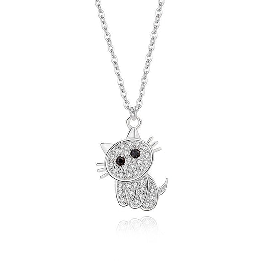 925 Sterling Silver White Gold Cute Cat Inlay Zircon Pendant Necklace