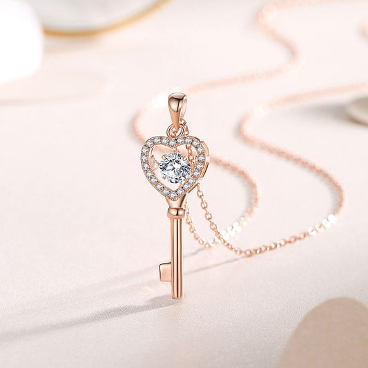 925 Sterling Silver Zircon White Diamond Rose Gold Pendant Key Necklace