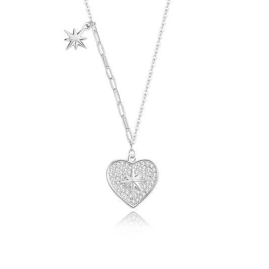 925 Sterling Silver White Gold Star Heart Inlay Zircon Pendant Necklace