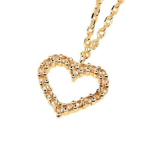 925 Sterling Silver Yellow Gold Heart Champagne Diamond Inlay Zircon Pendant Necklace