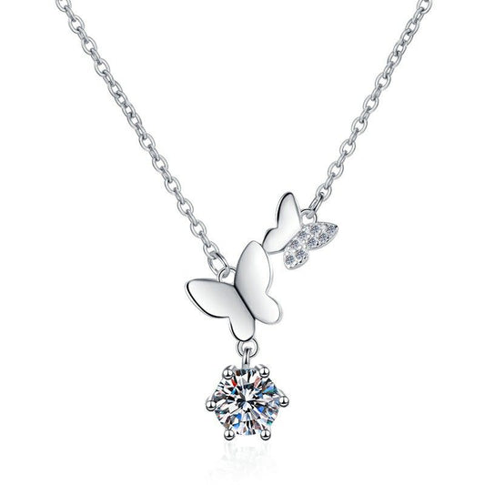 925 Sterling Silver Butterfly GRA Plating Moissanite Zircon Pendant Necklace